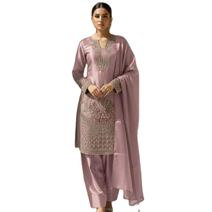 ชุดคุर्ติและกางเกงขายาวปักลายสวยงาม ดีไซน์ทันสมัย เนื้อผ้านุ่มหรูหรา คอวี ความยาวระดับเข่า พร้อมผ้าคลุมไหล่ สำหรับเพื่อนเจ้าสาว - Product Image 1