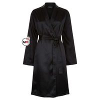 Bata de satén de seda 100% para mujer, manga larga, cuello con muescas, largo hasta la rodilla, elegante, para spa o dormir, color negro liso, manga completa, personalizada para mujer
