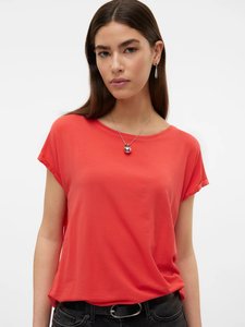 Camiseta de Manga Corta con Cuello Redondo para Mujer, Color Sólido, Corte Regular, Algodón Jersey, Informal, Verano, Transpirable, Ecológica, con Logotipo, Roja - Product Image 5