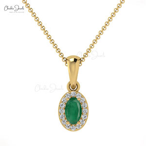 Pendentif Halo en émeraude ovale de 5x3 mm, or massif 14 carats, diamant, pendentif de mariage pour femmes, prix promotionnel - Product Image 1