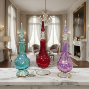 ZAHEREEN LW13 Flacon de parfum artisanal en verre soufflé, art populaire égyptien, grand format, violet, rouge, turquoise, côtelé, souvenir EG Rentrée scolaire - Product Image 1