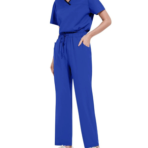 Ensemble de blouses médicales pour femmes en gros, col en V contrasté, haut à manches courtes et pantalon de jogging à cordon élastique, bleu royal - Product Image 3