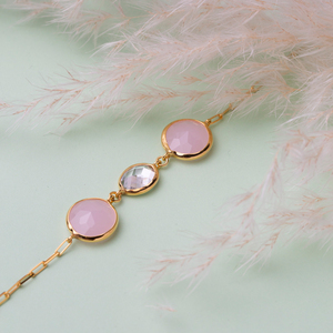 Round Pink Quartz Oval CZ 22K Gold Bezel <b>Silver</b> <b>Bracelet</b> Handmade 925 <b>Sterling</b> <b>Silver</b> for <b>Woman</b> Jewelry - Product Image 1