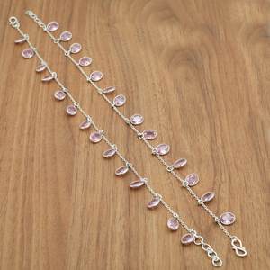 กำไลข้อเท้าเงินสเตอร์ลิง925อัญมณีสีชมพูและพลอยสีชมพูแท้10นิ้วปรับได้ของขวัญเป็นคู่สำหรับเธอ - Product Image 2