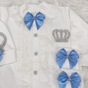 Conjunto de mameluco de encaje blanco con joya coronada de 3 piezas para bebés, conjunto de manga larga con burbujas de bambú para Primavera, venta al por mayor, nuevo diseño personalizado para recién nacidos - Product Image 6