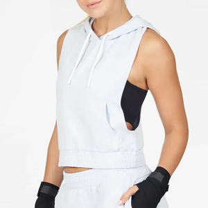 Nouveau style décontracté sport gym longue chemise sans manches à capuche ample respirante pour femme - Product Image 1