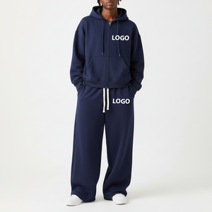 High Quality Custom Made 100% Cotton Loose Fit Solid Color Zip Up Hoodie & Baggy Jogger Set Custom Printed Logo Sweatsuit - Product Image 3
