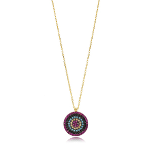 Colgante de Plata de Ley 925 Bañado en Oro con Diseño de Ojo Redondo y Circonitas, Hecho a Mano en Turquía - Product Image 1