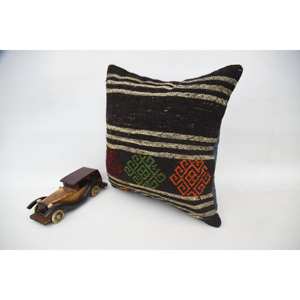 Multicolor Wool Kilim <b>18x18</b> Inch Decorative Accent Pillow Woven with Vintage Fluffy Leaves Pattern 16x16 Accent Cushion - Product Image 3