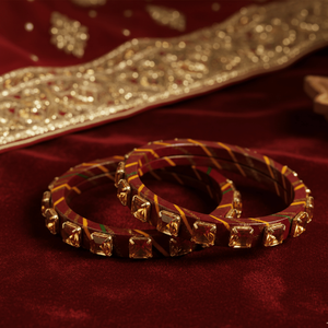 Set of 2 Brown Lac Bangles with Square <b>Stone</b> Accents Cultural Collectible Jewelry - Product Image 1