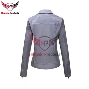 Womens Real Grey <b>Suede</b> Leather <b>Jacket</b> Asymmetrical Zip Lapel Collar Coin Pocket Biker Moto Coat Custom Winter Warm <b>Ladies</b> - Product Image 2