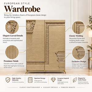 Classic Wooden <b>Wardrobe</b> Cabinet Double Door Storage <b>Armoire</b> Greek Key Pattern Bedroom Furniture - Product Image 5