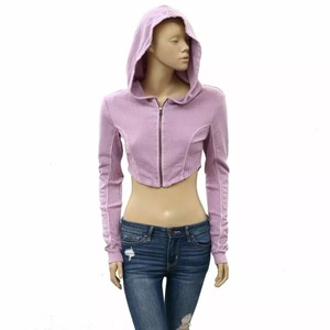 Sudadera corta clásica con cremallera completa para mujer 55% algodón 45% Spandex estilo hombro caído de gran tamaño recortado ajuste ligero estampado de punto - Product Image 3