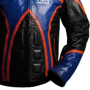 Veste en cuir de style course pour homme, design bicolore, fermeture éclair sur le devant, panneaux rembourrés, col montant, vêtements de rue - Product Image 5