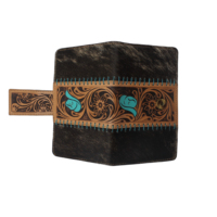 Portefeuille long pour femme en cuir de vachette véritable d'Argentine, fait main, avec motifs floraux western, chaînes, souple et grande capacité