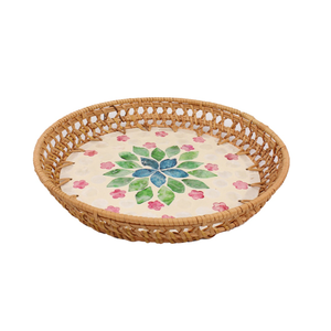 Bandejas decorativas de mimbre de estilo rústico vietnamita con MOP bandeja redonda para servir el desayuno precio al por mayor - Product Image 2