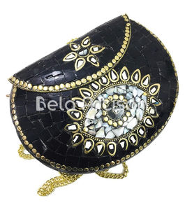 Oxidised Miniature Metal <b>Clutch</b> Bag, <b>Embellished</b> Mosaic Wristlet & Crossbody Bag, Ethnic Festive Bags - Product Image 2