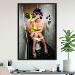 Printed <b>Canvas</b>: Girl Drinking on Toilet Modern Bathroom Wall Art,BLACK <b>FRAMED</b> <b>CANVAS</b> - Product Image 1
