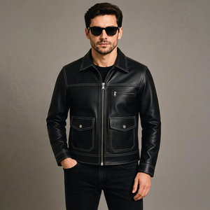 Veste en cuir véritable noire pour homme avec surpiqûres contrastantes blanches, fermeture éclair classique, style motard décontracté, respirante, en cuir de vachette premium pour l'hiver - Product Image 1