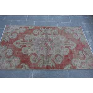 Alfombra de lana Vintage, color rojo y beige, 3,5x6,2 pies, Kilim turco, área grande, patrón abstracto, pasillo, rectángulo, respaldo de látex, 10mm para habitaciones - Product Image 3