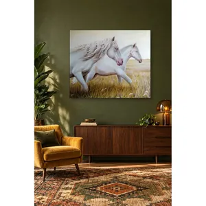 Fida Deux chevaux blancs marchant dans une prairie jaune, impression sur toile - Product Image 1