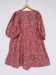 Classic Vintage Style Red Line Printed Hand Block Printed Cotton Midi <b>Dresses</b> for Women Bohemian Mini Casual Natural Button - Product Image 3