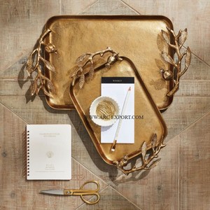 Exclusive Quality <b>Gold</b> Plated Kitchen Ware Food Serving <b>Tray</b> With Flower Design Handle Vintage Oval Handcrafted Fruit <b>Tray</b> - Product Image 2