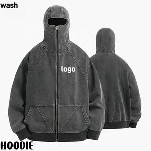 Sweat à capuche zippé intégral pour homme, délavé à l'acide, avec poche vintage à trous pour les yeux, design vintage lourd, sweat à capuche masquant le visage pour homme - Product Image 1