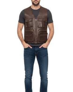Chaleco de Cuero Vacuno Genuino para Hombre con Múltiples Bolsillos y Cierre de Cremallera, Cuello en V - Product Image 1