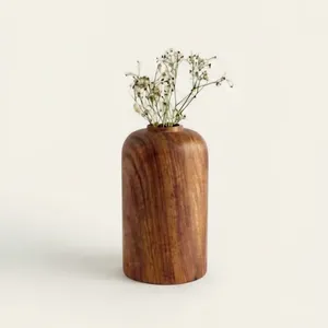 Vase de table cylindrique en bois d'acacia fait main - Design minimaliste, écologique, durable, grande capacité, personnalisable, pour présentation florale - Product Image 4