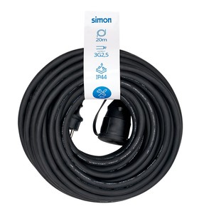 Cavo di prolunga Schuko da 20m con cappuccio 3x2.5mm. Nero IP44 (Simon PL122501) - Product Image 1