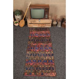 Tapis de 2,7 x 6,2 pieds, tapis vintage patchwork, tapis géométrique turc en laine arc-en-ciel - Product Image 1