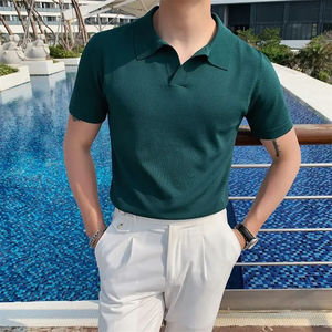 Camiseta de manga corta de Jacquard liso para hombre con cuello en V transpirable estampado informal - Product Image 3