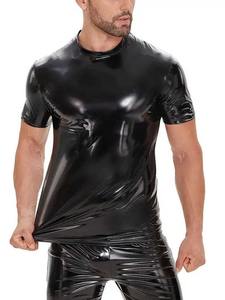 Camiseta de manga corta con hombros descubiertos de gran tamaño de Cuero 100% de alta calidad para hombre, camiseta informal de punto con cuello levantado, diseño sólido - Product Image 4