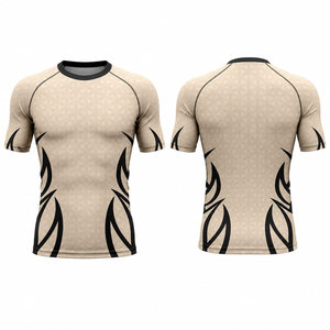 Men's Short Sleeve Rash Guard <b>Compression</b> <b>Shirt</b> Beige <b>Black</b> Tribal Print Quick Dry Polyester Workout Top - Product Image 1