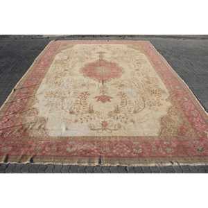 Alfombra Vintage Extra Grande de Lana Roja y Beige con Parches, Revestimiento de Látex, Ecológica, 13.8x19.9 pies - Product Image 2