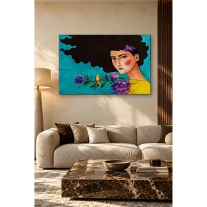 Fida Girl avec des cheveux noirs, un oiseau et des fleurs sur fond turquoise, impression sur toile - Product Image 5