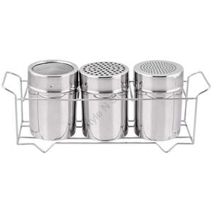 Stainless Steel Wholesale Premium <b>Salt</b> and <b>Pepper</b> Silver Color 3-piece <b>Set</b> With a Steel Wire Stand - Product Image 1