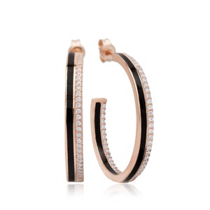 Pendientes de Aro con Diseño de Esmalte Negro y Circonita, Joyería Turca Artesanal de Plata de Ley 925 al por Mayor - Product Image 6