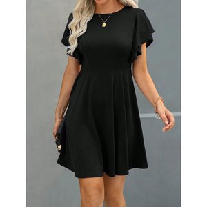 Robe courte en crêpe à col rond et manches courtes pour femme, 30884 - Noir - Product Image 1