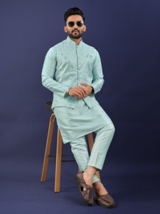 La plupart des tendances fantaisie à la mode attrayant vêtements ethniques concepteur pure soie avec broderie séquence travail homme Koti Kurta - Product Image 6