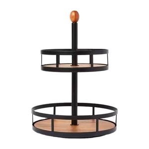 2-Tier Black Metal <b>Spice</b> <b>Rack</b> with <b>Wooden</b> Base and Handle Kitchen Countertop Storage and Organization Cabinet for Dish and Bowl - Product Image 1