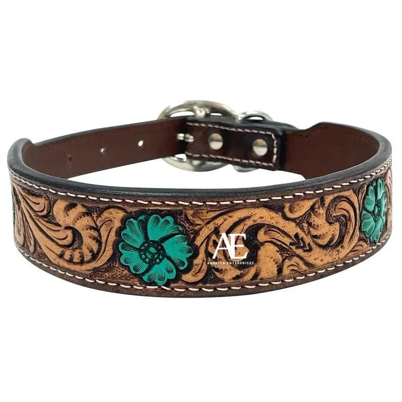 Western Tooled Leather Turquoise Flower Print Dog Collar For Neck Genuine Leather Engraved Padded Adjustable Dog Collar For Pet
