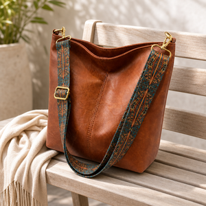 PU Leather Bucket Bag with Woven Strap <b>Soft</b> Bohemian Shoulder <b>Handbag</b> for Women - Product Image 2