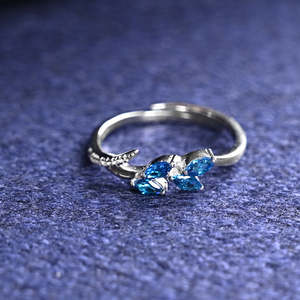 CLARA Men's Romantic 925 Sterling <b>Silver</b> Tonje Curved Blue Leaf <b>Ring</b> Size <b>Adjustable</b> with Marquise Cut Topaz and Zircon Stone - Product Image 2
