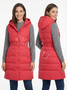 Custom Embroidery Logo <b>Long</b> Puffer <b>Vest</b> Hooded Winter Warm Quilted Sleeveless Coat Belt Casual Outdoor Solid Plain Color Jacket - Product Image 2