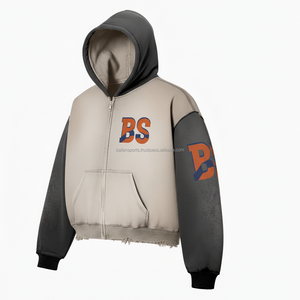 Premium 360 GSM Cotton Fleece Zipper <b>Hoodie</b> Soft Brushed Fabric Two Tone Grey <b>Beige</b> Custom Logo Embroidery basics <b>Hoodie</b> - Product Image 3