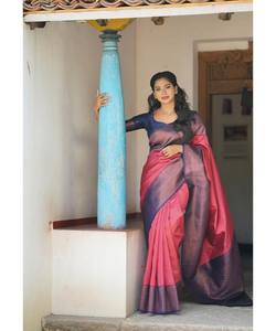 BANARASI À LA MODE SOIE DOUCE TISSÉ TRAVAIL SAREE AVEC BLOUSE NON COUCHÉE VÊTEMENT DE FÊTE PRIX DE GROS VÊTEMENT ETHNIQUE ROSE BLEU - Product Image 1