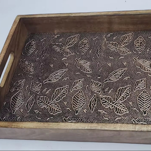 Home Decorative Wooden & Antique Copper Fitted Rectangle Decor <b>Tray</b> for Breakfast Dinner <b>Drinks</b> Kitchen Dining Restaurants - Product Image 1