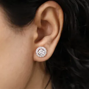 Boucles d'oreilles clous tendance pour femme, avec halo de diamants de laboratoire ronds, plaquées or blanc, jaune ou rose, avec zircon et perle, pour fiançailles - Product Image 5